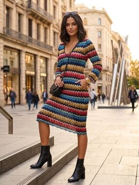 Trina Turk Chevron Zig Zag Knit Sheath Dress Size 10 Multicolor Crochet V-Neck⁠